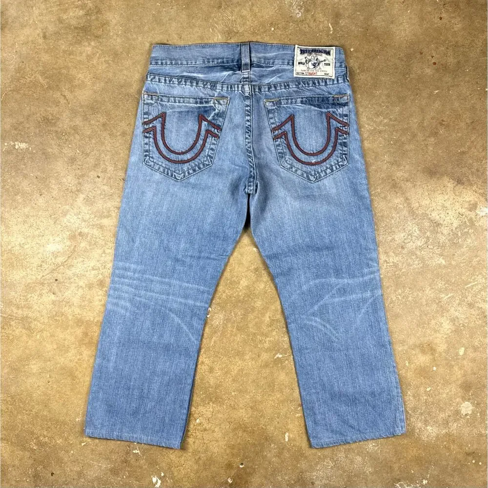 Vintage True Religion Jeans Men’s‎ 34 Straight Cropped USA Made Red Stitch Denim